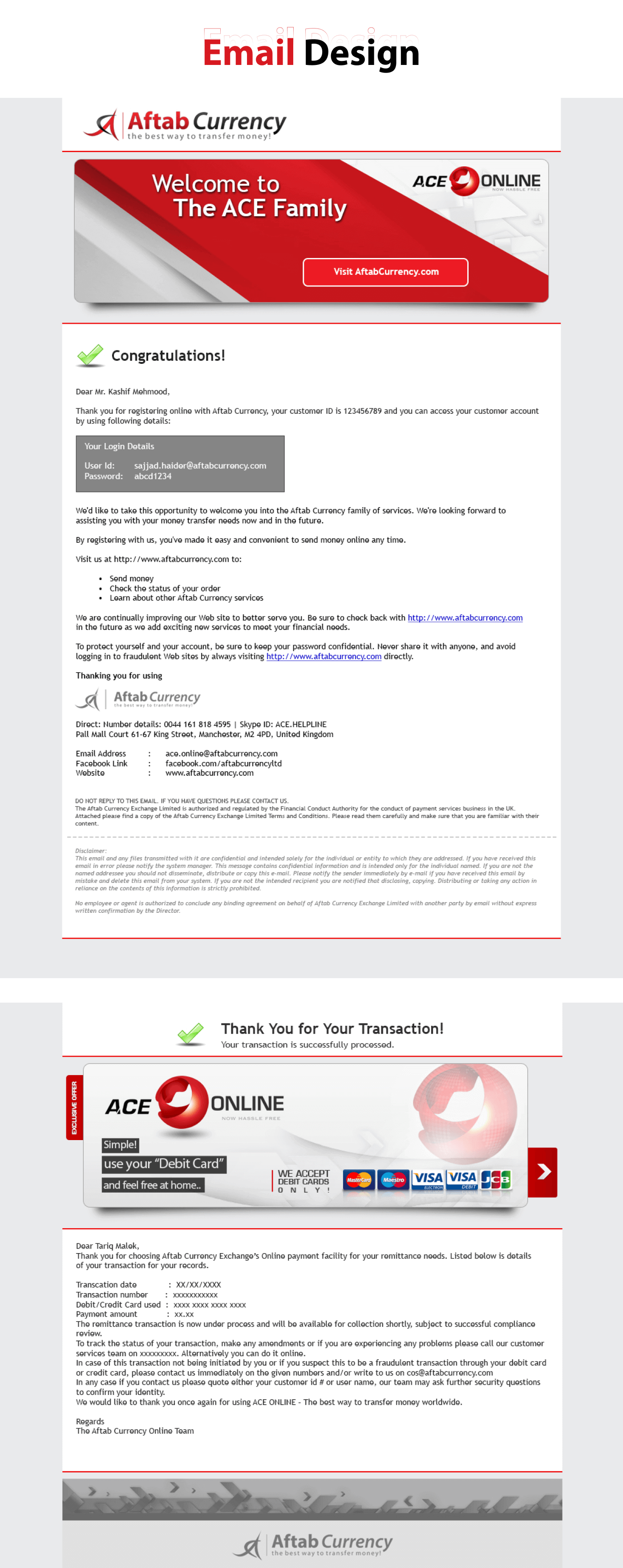 Email template for Aftab Currency Exchange - ACE Money Transfer in United Kingdom