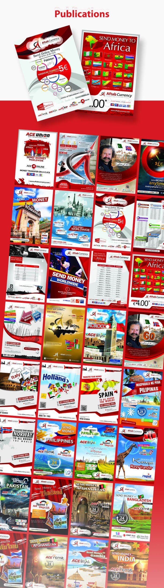 Flyers posters for Aftab Currency Exchange - ACE Money Transfer in United Kingdom