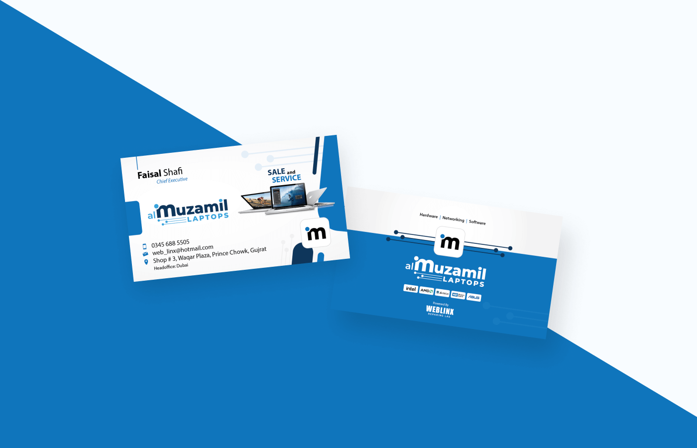 Business card for Al-Muzamil Laptops in Pakistan