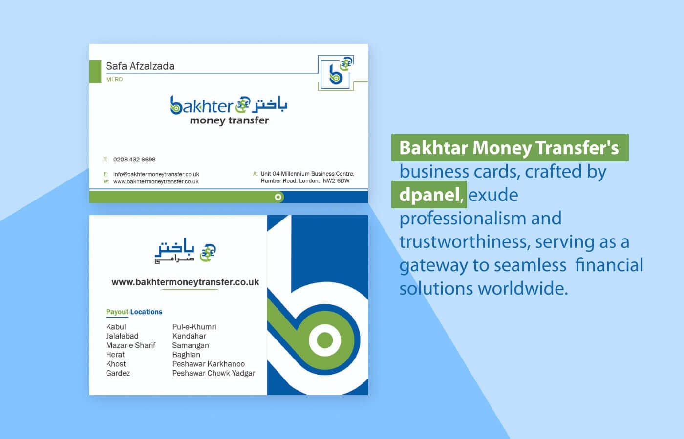 Business card for Bakhter Money Transfer in United Kingdom