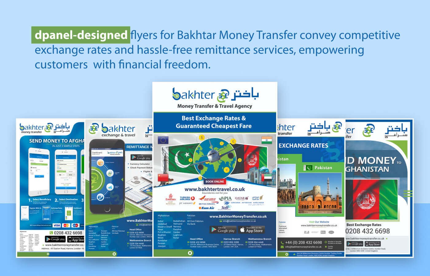 Flyers posters for Bakhter Money Transfer in United Kingdom
