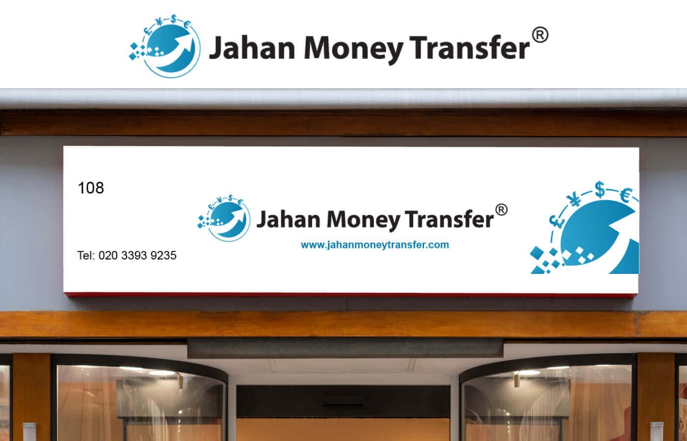 Shop signage for Jahan Money Transfer in United Kingdom