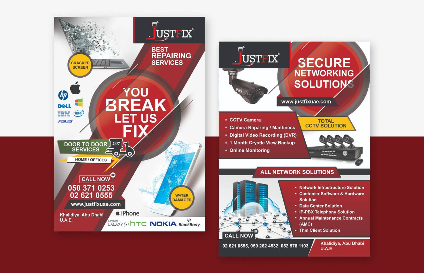 Flyers posters for JustFix Mobile Repairing in United Arab Emirates