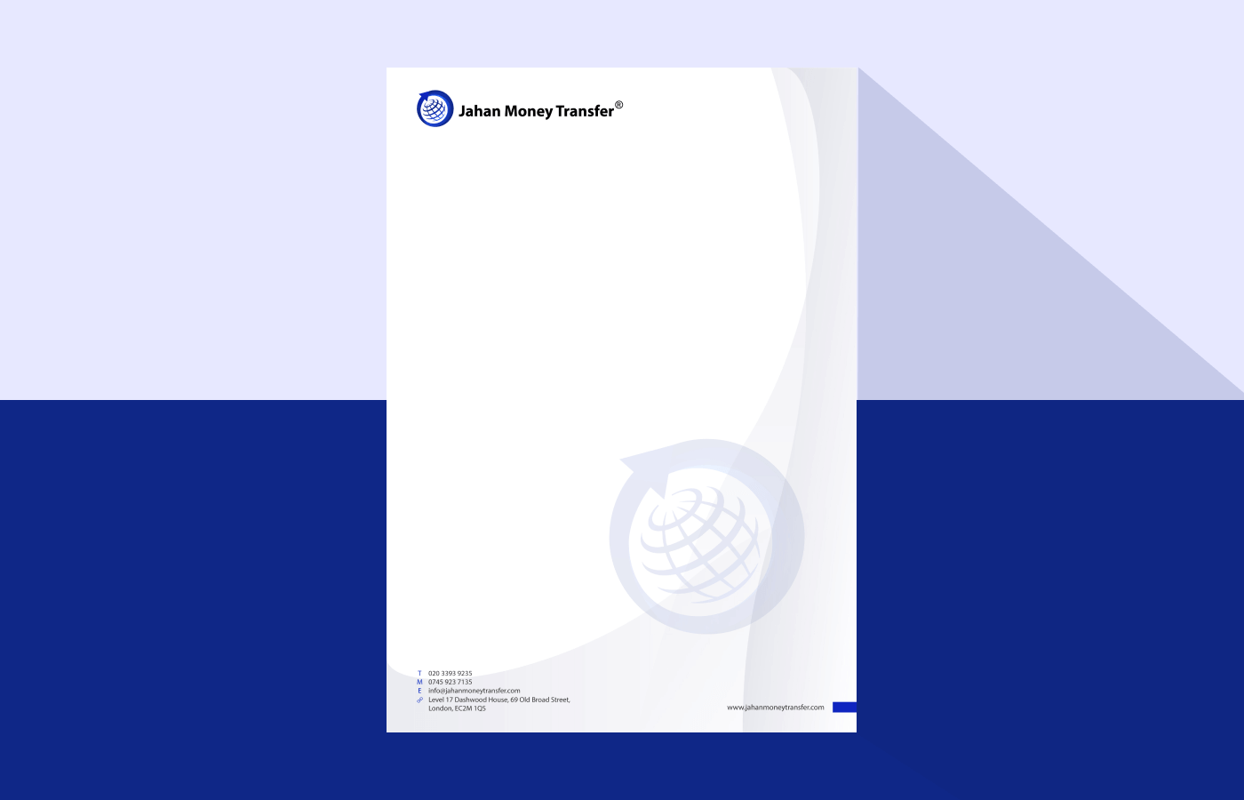 Letterhead for Jahan Money Transfer Rebranding in United Kingdom