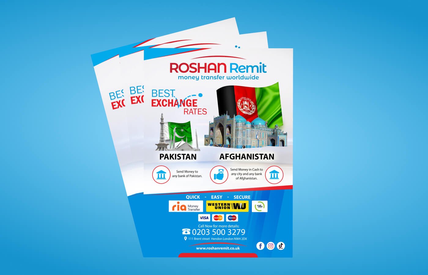 Flyers posters for Roshan Remit - Money Transfer Worldwide in United Kingdom