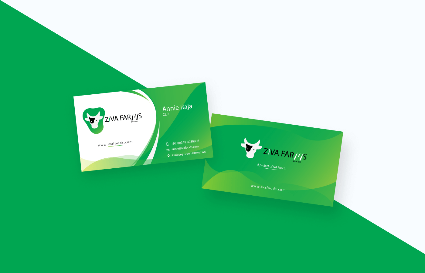 Business card for ZIVA Farms in Pakistan